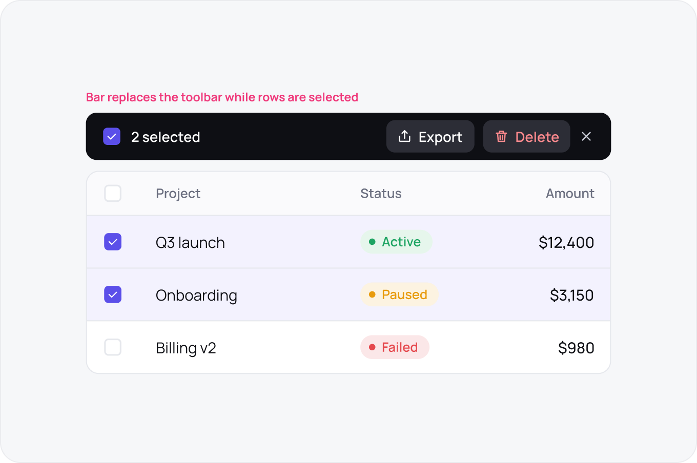 Rows selected by checkbox, with a bulk action bar showing the count and actions in place of the toolbar.