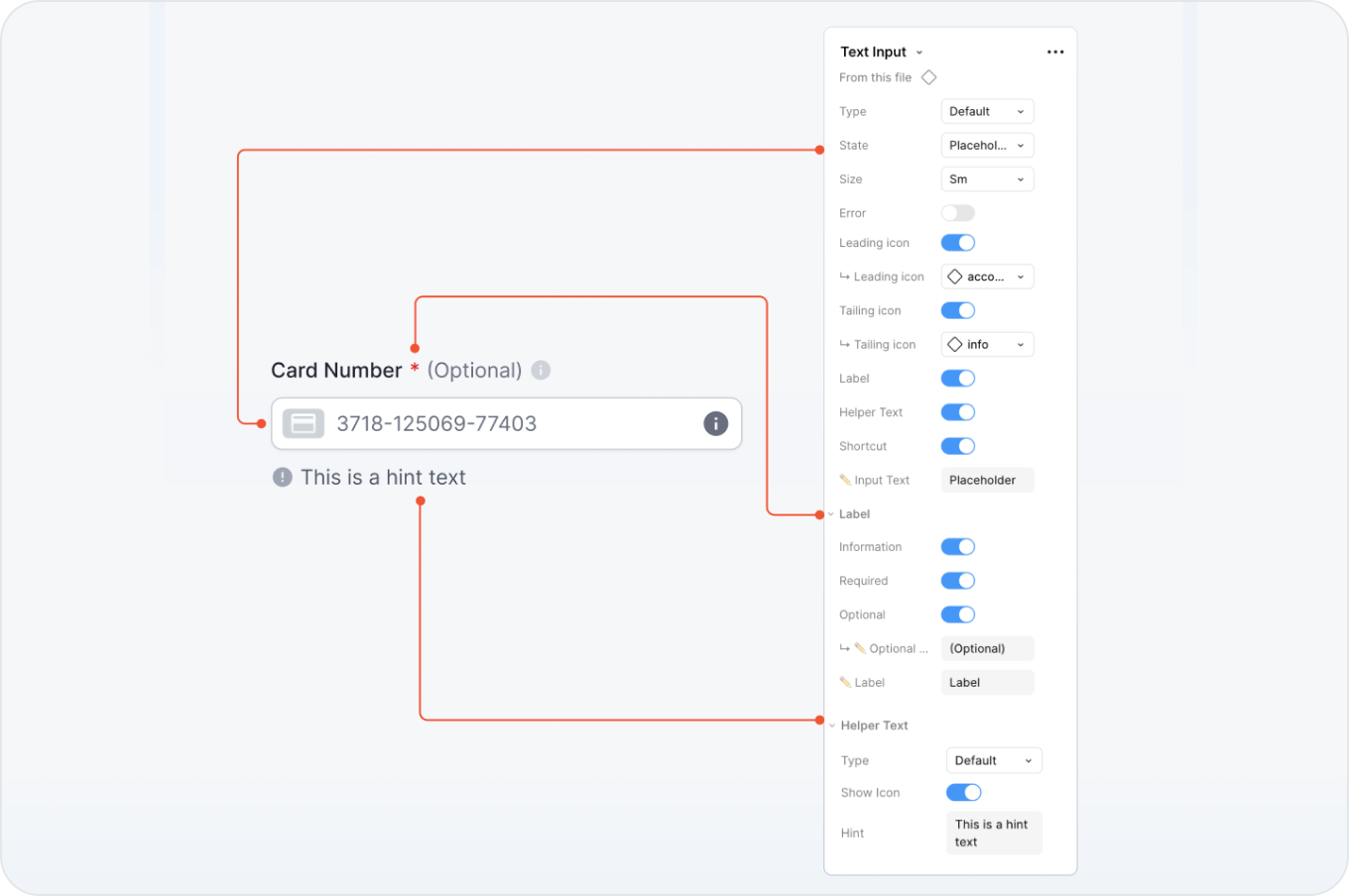 Figma component properties for a text input: booleans, variants and instance swaps in the sidebar.