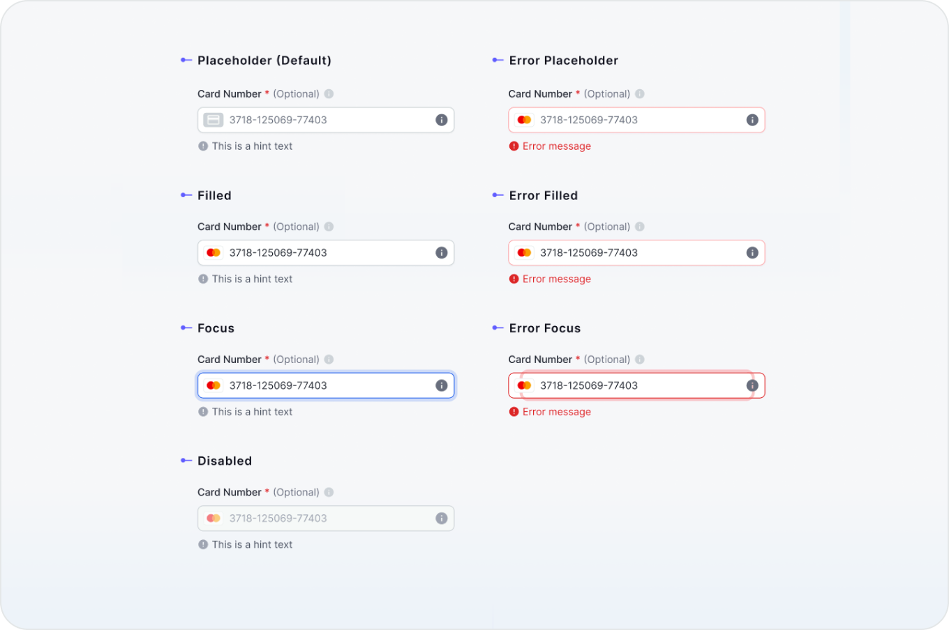 Text input states: default, hover, focus, active, disabled and error.