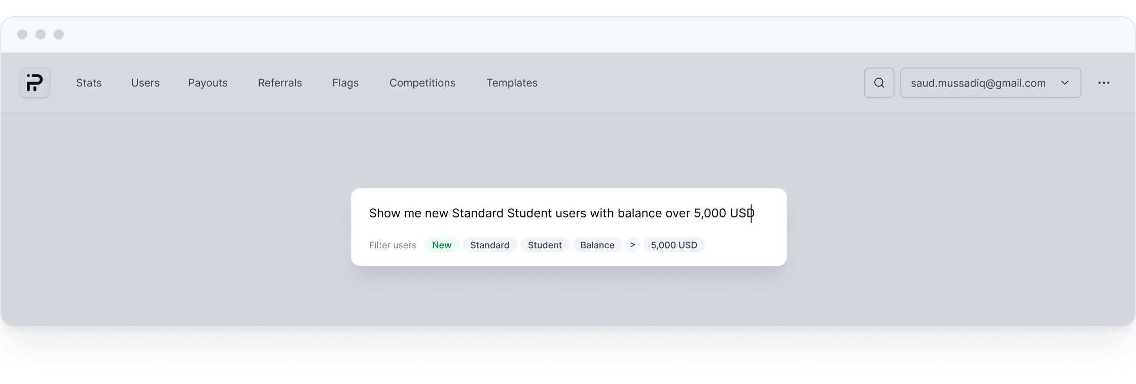 The command bar open as a global overlay at step 2 of 3, with the typed sentence above and the parsed chips beneath it.