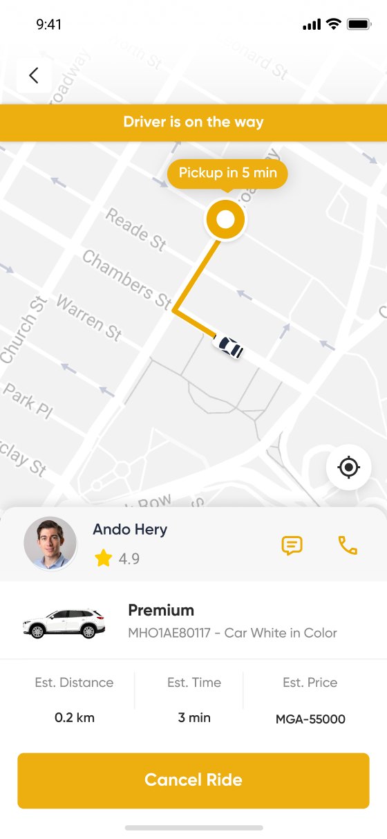 The old in‑trip screen: Driver is on the way, the driver row, estimated distance, time and price, and Cancel Ride.