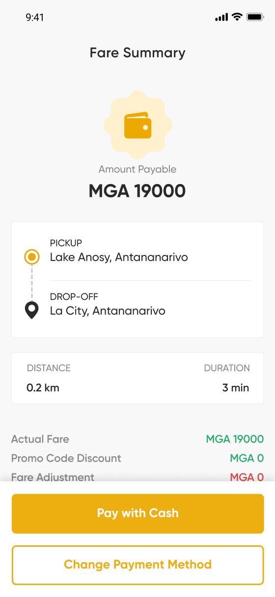 The old Fare summary: amount payable MGA 19000, pickup and drop‑off, distance and duration, and Pay with Cash.