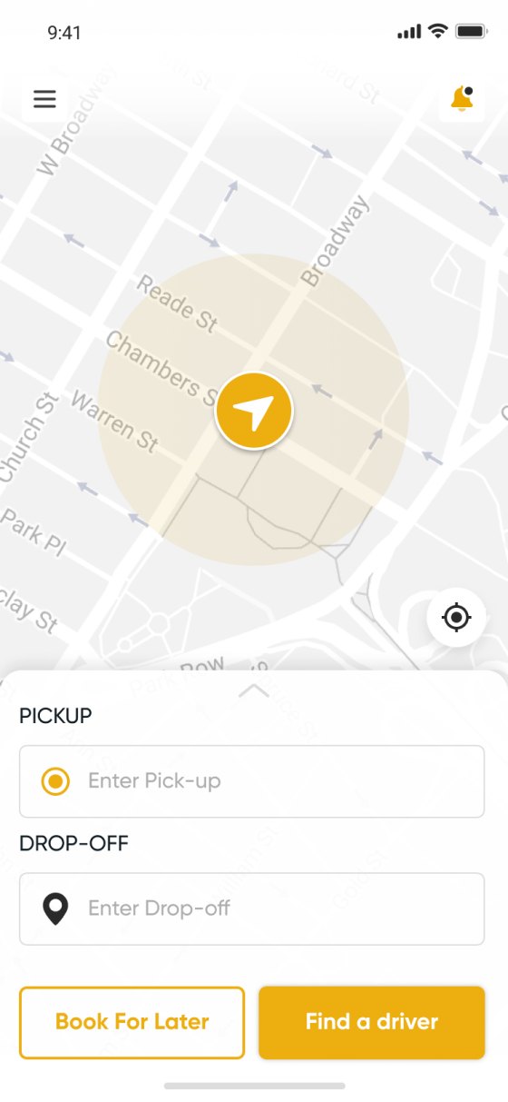 The old Home screen: separate pickup and drop‑off fields under a map, with Book For Later and Find a driver.