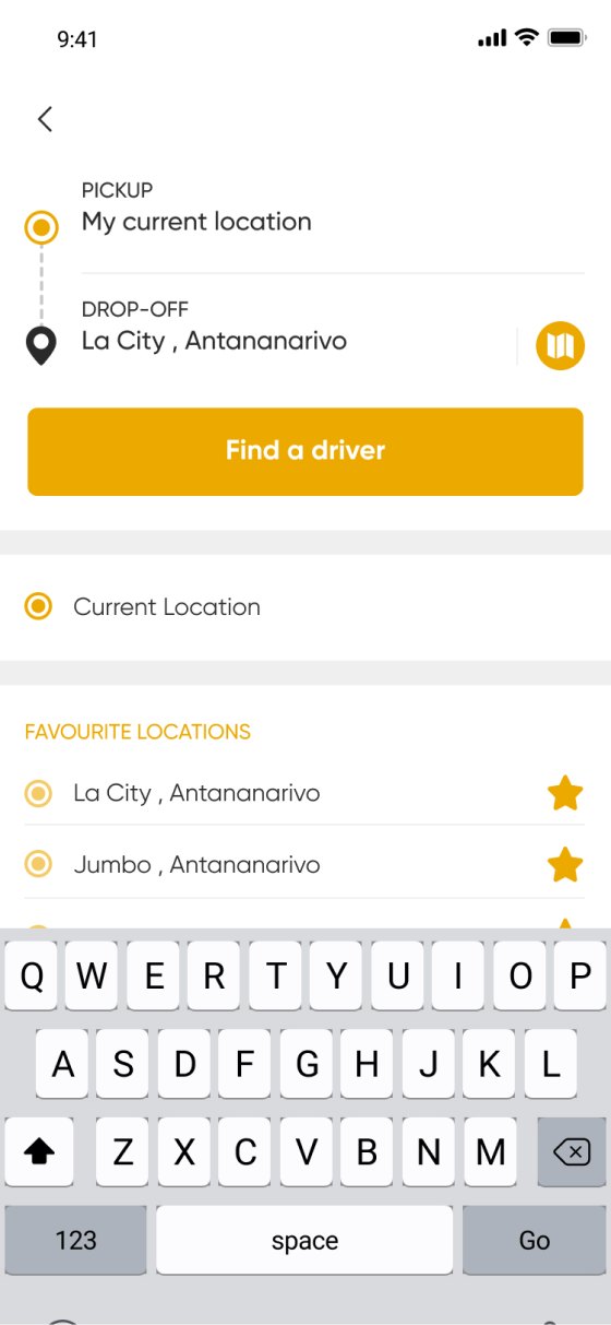 The old Choose drop‑off screen: pickup and drop‑off fields, Find a driver, and favourite locations above the keyboard.