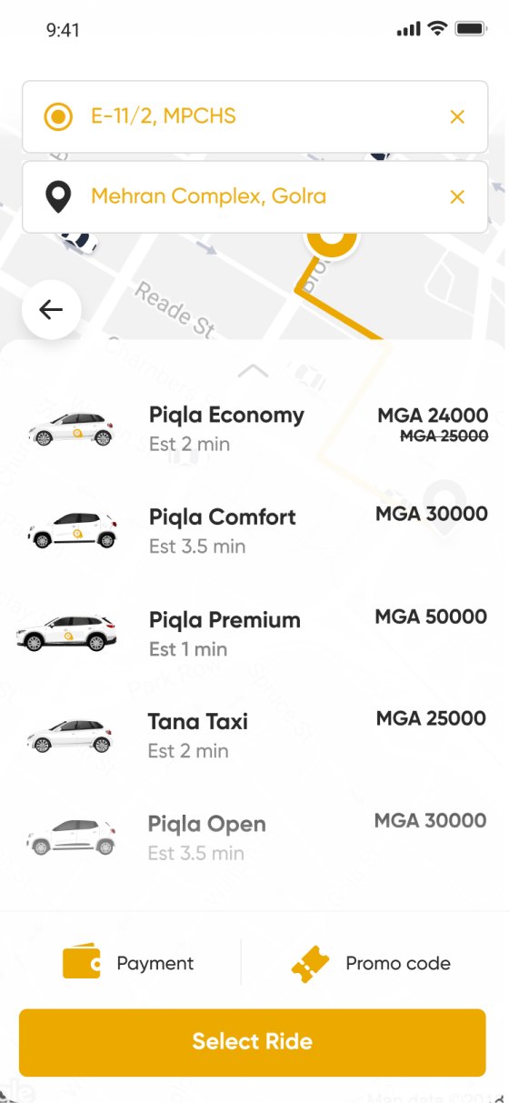 The old Ride request screen: Piqla Economy, Comfort, Premium, Tana Taxi and Piqla Open with prices, and Payment and Promo code as separate buttons.
