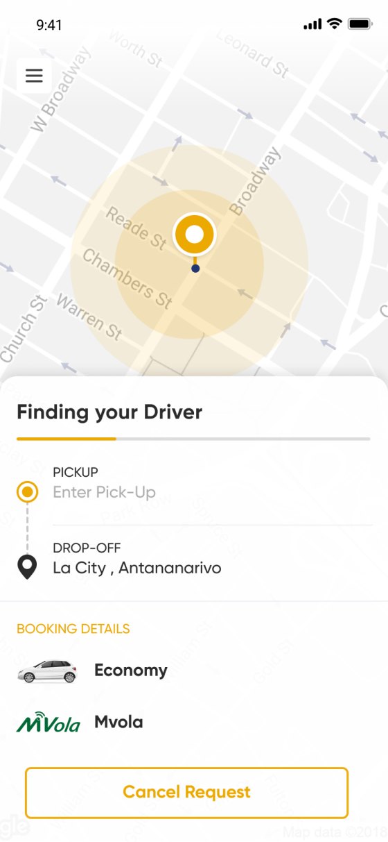 The old Finding your Driver screen: a pulsing map, the pickup and drop‑off, booking details and Cancel Request.