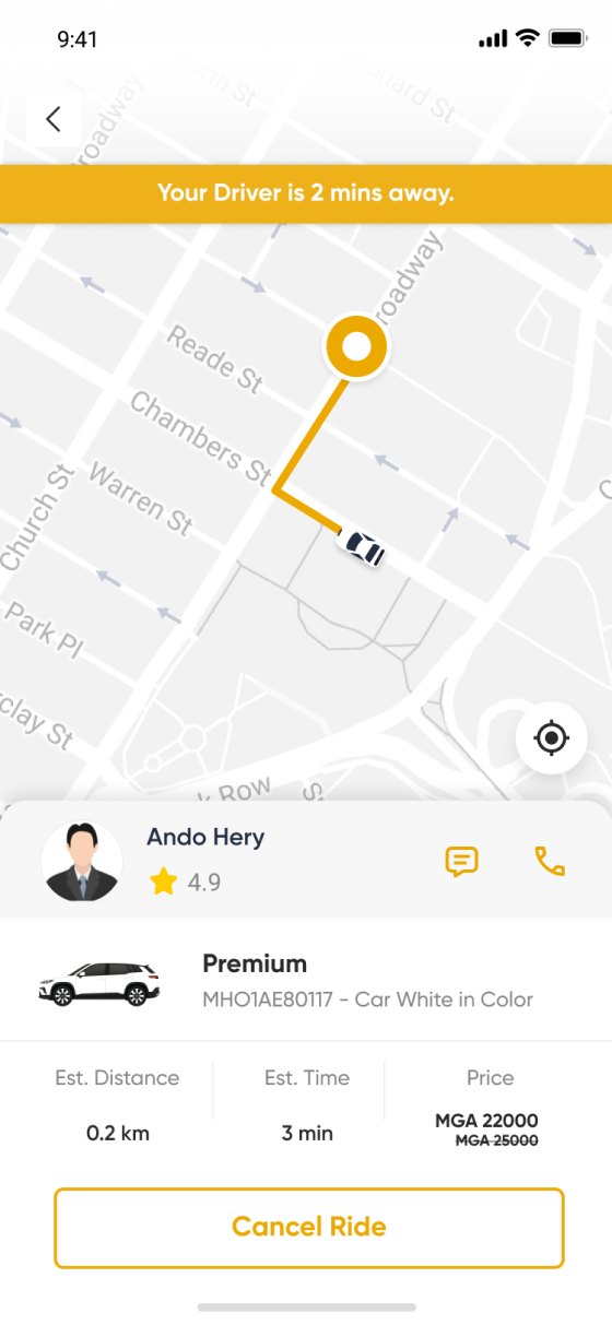 The old ride on the way screen: Your Driver is 2 mins away, the driver’s name and rating, the car and plate in a line of small text, and Cancel Ride.