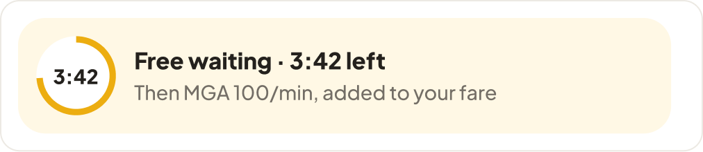 The waiting rule: a 3:42 countdown ring beside Free waiting, 3:42 left, then MGA 100 a minute, added to your fare.