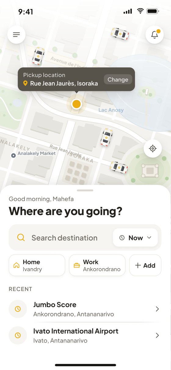 Home: the pickup detected and shown as a callout on the map pin, with Change beside it; a search field asks Where are you going, with Home, Work and recent places below.