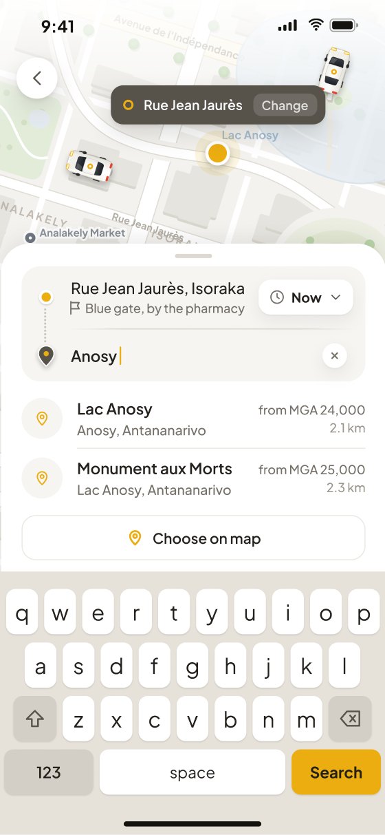 Where to: the route card with the pickup and the typed destination, results with distance and a from‑fare, and a Choose on map button above the keyboard.