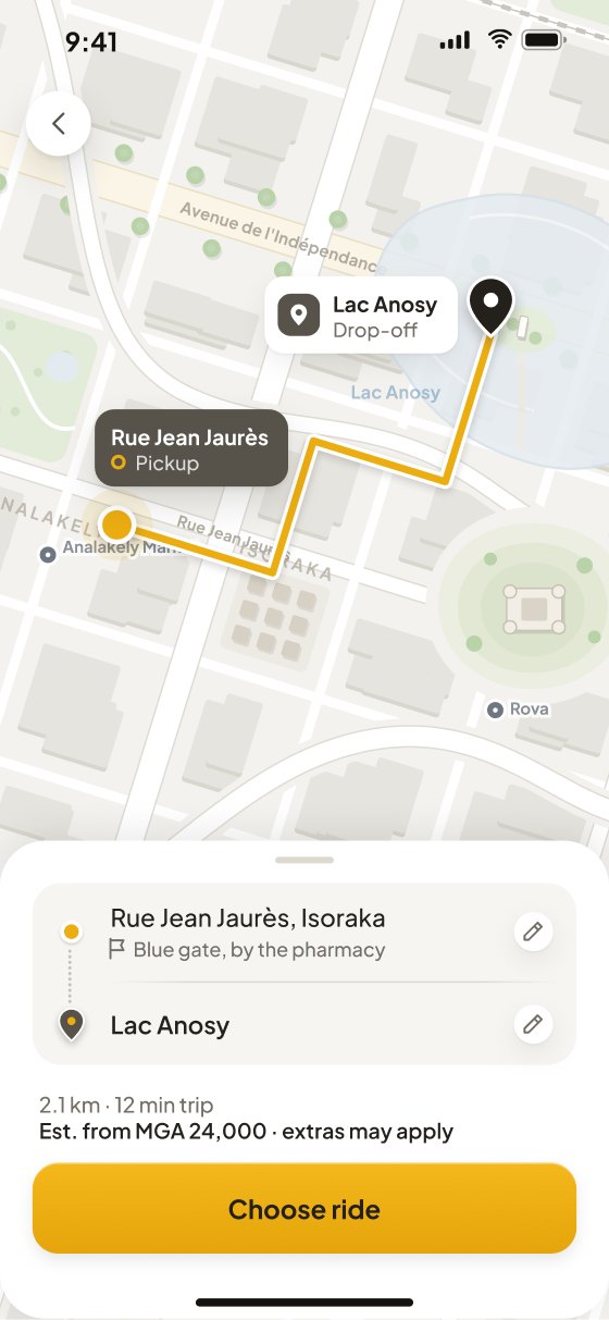 Destination selected: the route drawn on the map, both stops editable, 2.1 km · 12 min trip and Est. from MGA 24,000 · extras may apply, then Choose ride.