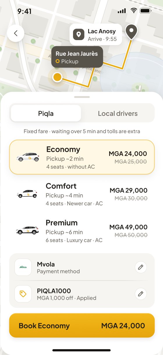 Choose ride: Piqla and Local drivers as tabs, Economy, Comfort and Premium with pickup time, seats and fixed fares, payment and promo as rows, and Book Economy MGA 24,000.