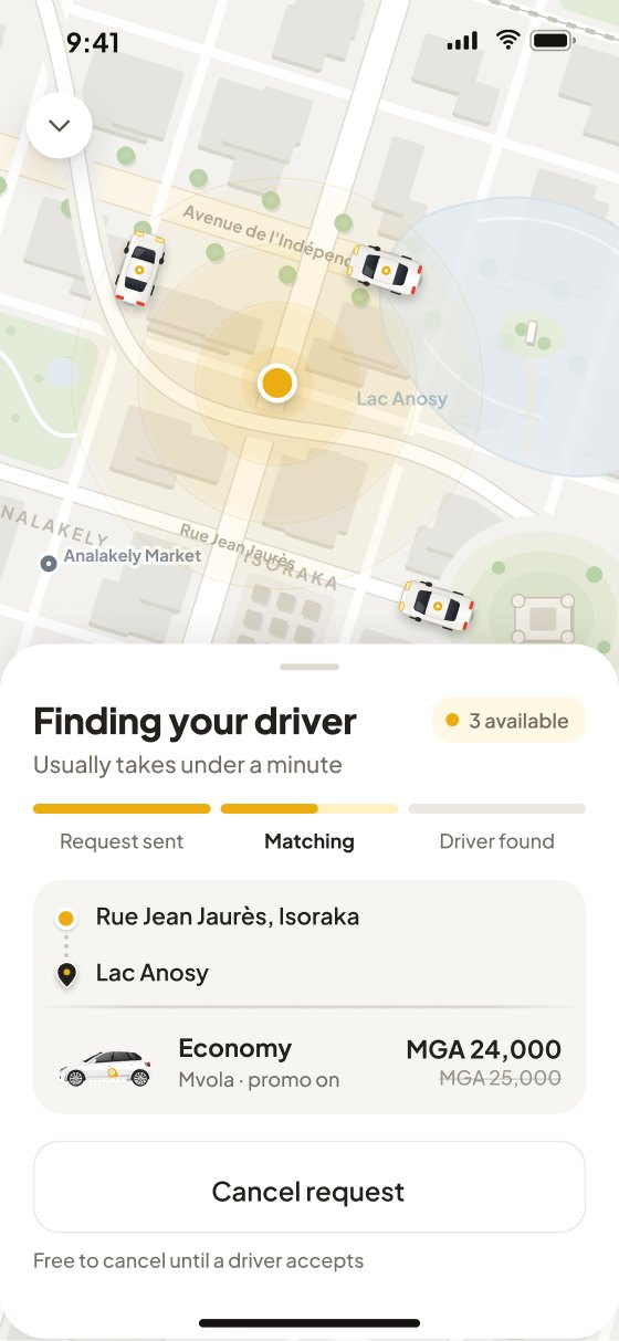 Finding driver: a three‑step tracker, 3 available, the trip card with route and fare, and Cancel request with Free to cancel until a driver accepts.