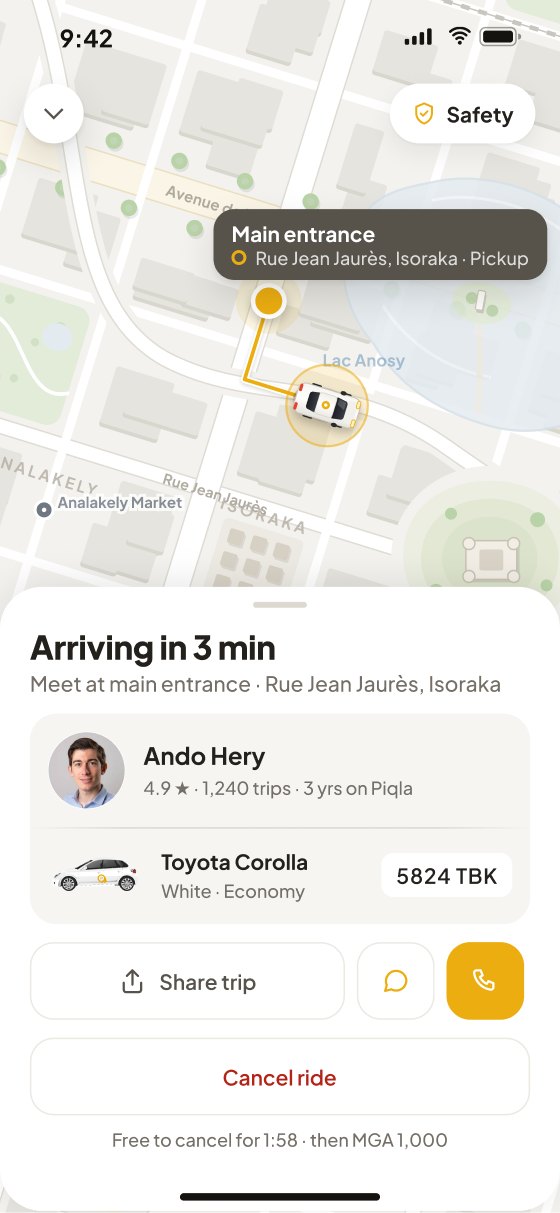 Driver on the way: Arriving in 3 min, the meeting point named, one card with the driver, the car and the plate 5824 TBK, and Free to cancel for 1:58, then MGA 1,000.