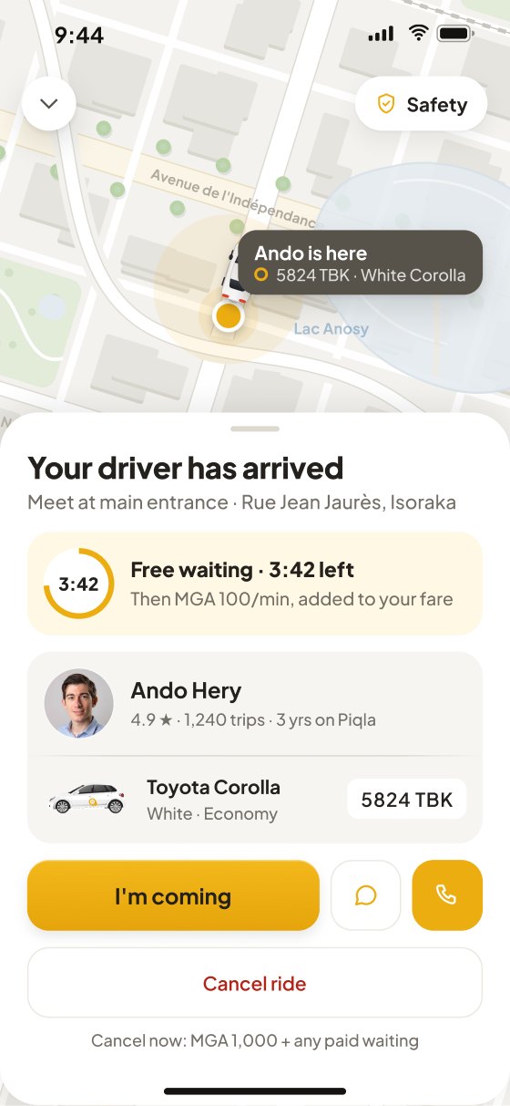 Driver arrived: the meeting point named, Free waiting 3:42 left, then MGA 100 a minute, the driver card, I’m coming as the primary action, and the cancel cost stated.
