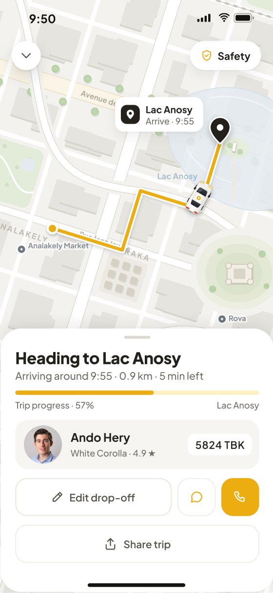 On the way: Heading to Lac Anosy, arriving around 9:55, 0.9 km and 5 min left on a 57% bar, the compact driver row, and Edit drop‑off beside Call.