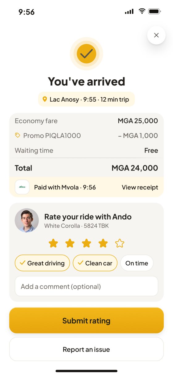 Trip complete: the receipt with fare, promo, waiting and total MGA 24,000 paid with Mvola, then a separate rating card with stars, chips and a comment field.