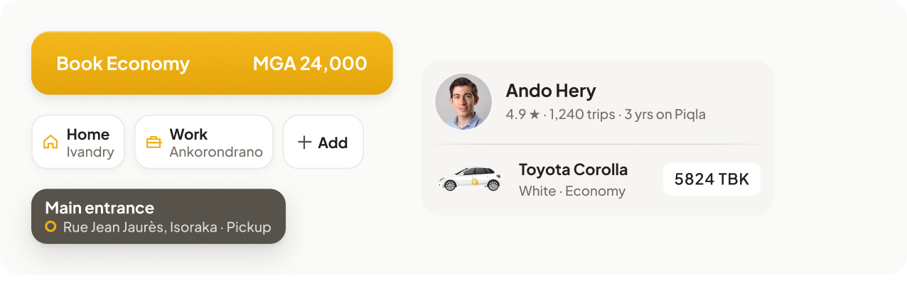 The component kit: the gold Book Economy button with its fare, the Home and Work saved places with an Add chip, the map callout for the pickup, and the driver card with photo, car and plate.