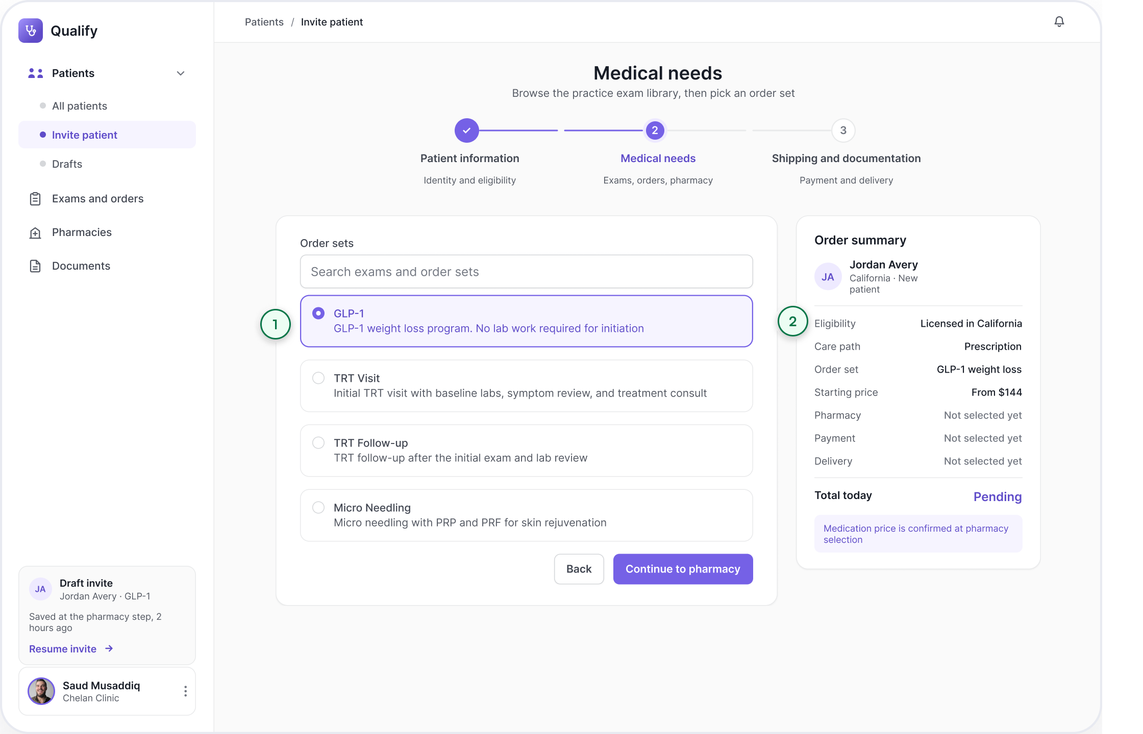 Qualify medical-needs screen showing the searchable exam library: radio cards for GLP-1 at $144, TRT Visit at $189, TRT Follow-up at $62 and Micro Needling at $164, with GLP-1 selected and the order summary rail now reading GLP-1 weight loss, starting price from $144, and pharmacy, payment and delivery still to come.