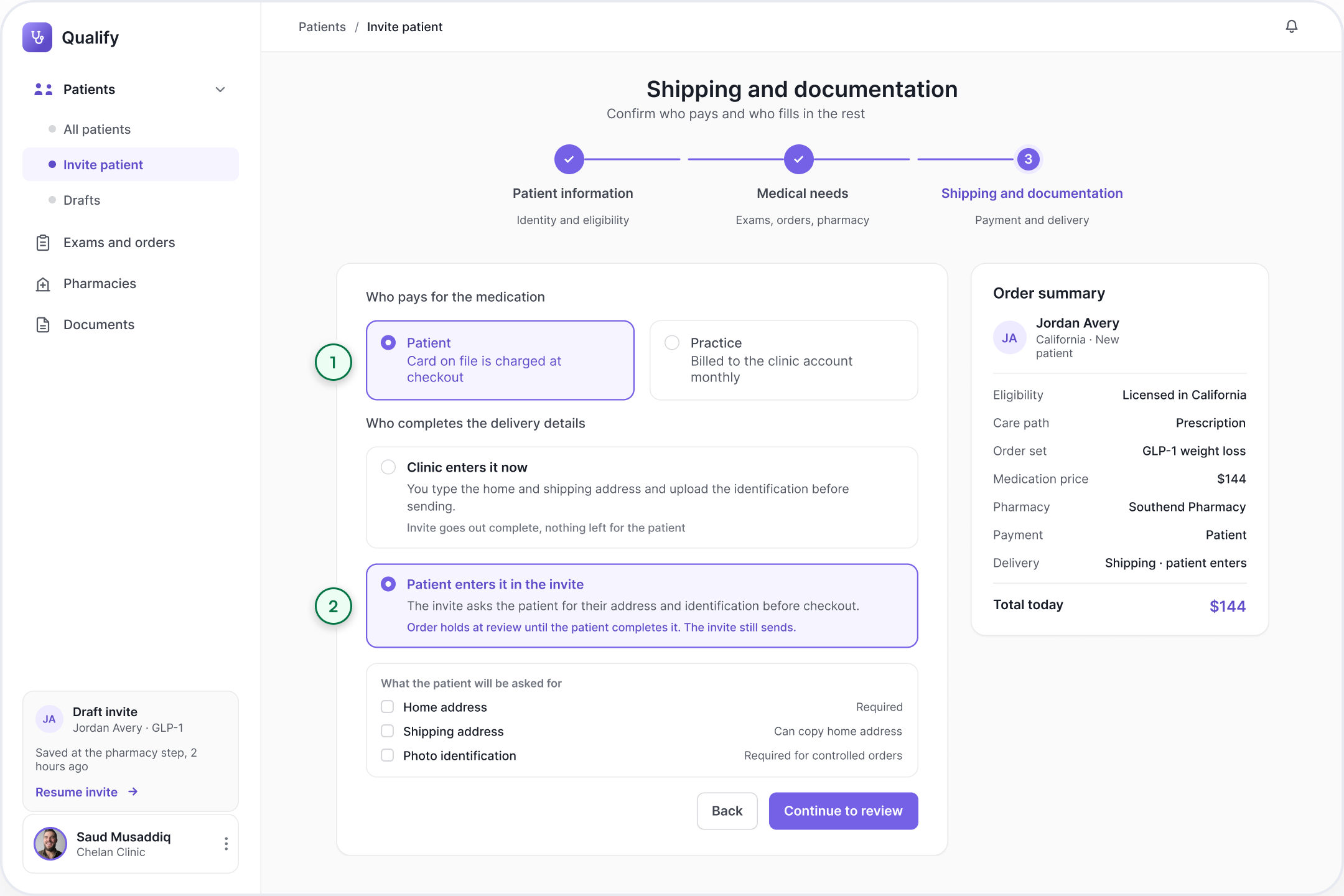 Qualify shipping and documentation step: radio cards set whether the patient or the practice pays, then whether the clinic enters the delivery details now or the patient completes them inside the invite, next to a live order summary totalling $144.