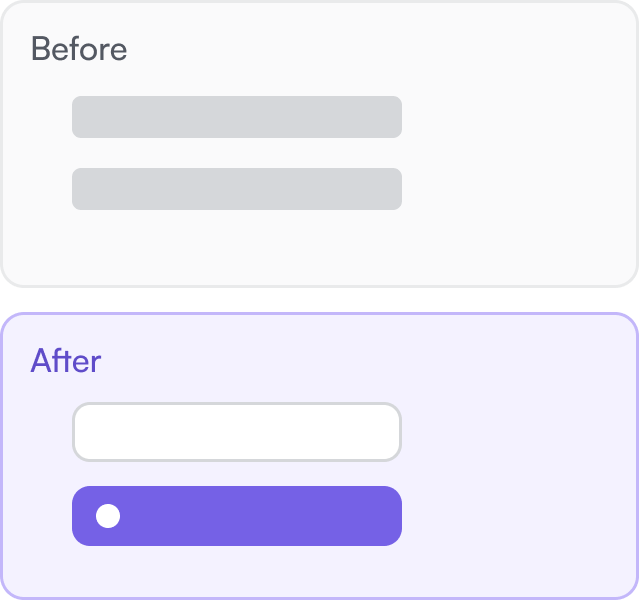 Before and after of the care type question: a plain dropdown row, beside two selectable option cards with the second one chosen.